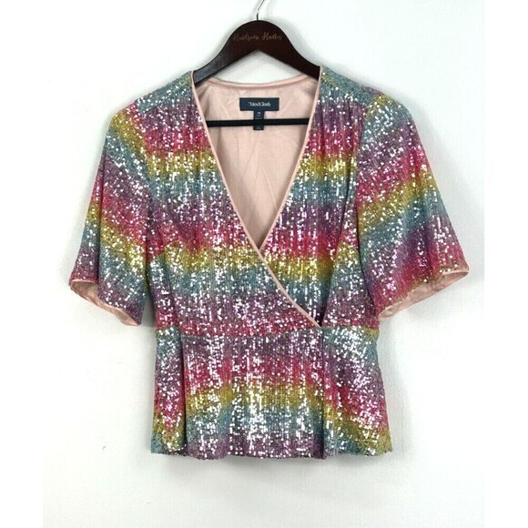 Modcloth Womens Size M Wrap Rainbow Peplum Top Blouse Sequin Surplice Party E1 - Picture 2 of 12